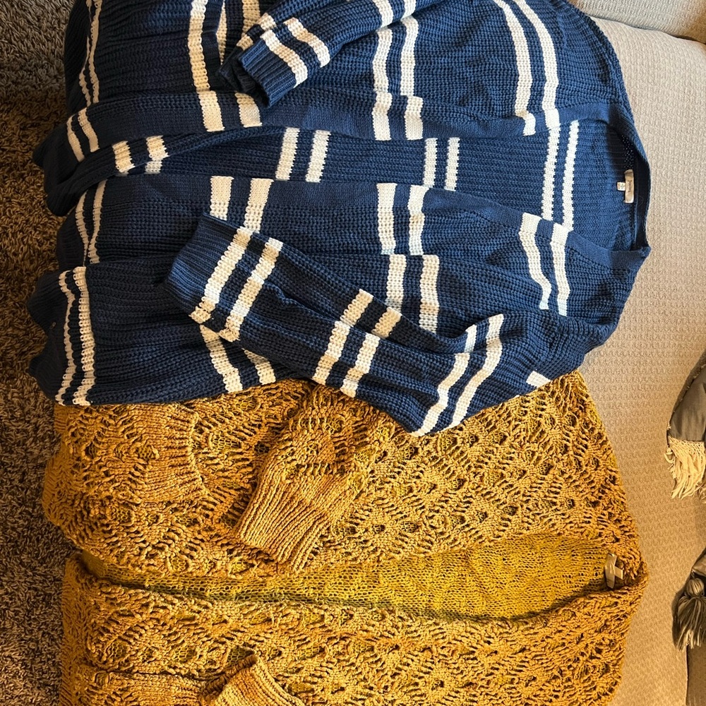 Navy/ white striped cardigan, and mustard cardigan